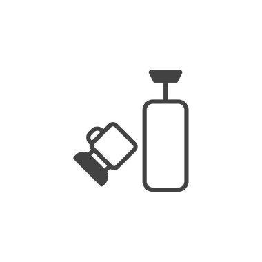 Bir illüstrasyonda boks eğitim ekipmanları temiz, minimalist bir tasarım kullanılarak sunuluyor. Siyah ve beyaz vektör grafiği, sporun bileşenlerini vurguluyor.