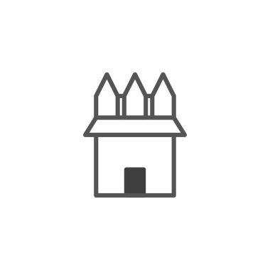 Minimalist bir çizgi, çatı yapısı olarak entegre edilmiş ve karanlık bir kapı aralığı olan, eşsiz bir mimari bükülmeye sahip bir ev tasvir ediyor. Bir ev hissi veriyor.,