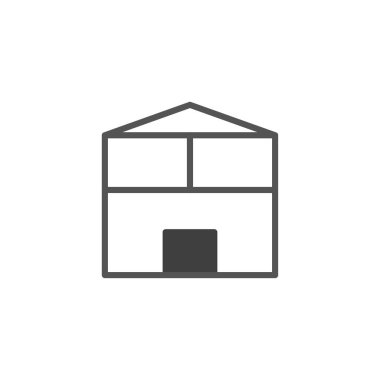 Basit bir ev yapısını tasvir eden minimalist bir çizim. Tasarım, bir konut binasının temel biçimini ve şeklini vurgular. Tek bir karanlık giriş ekliyor.