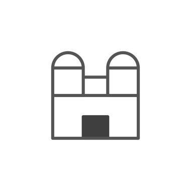 Minimalist bir taslak, yapılandırılmış bir mimari cepheyi gösteren çift kuleli simetrik bir bina sunar. Tasarım, beyaz çizgilere ve basit geometrik biçimlere vurgu yapıyor.