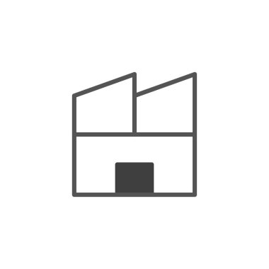 Basitleştirilmiş bir sanayi binasını tasvir eden minimalist bir sanat çizgisi çizimi. Tasarım, modern endüstriyel mimari ve verimli bir yapı hissi uyandıran temiz çizgiler ve geometrik şekilleri vurguluyor.