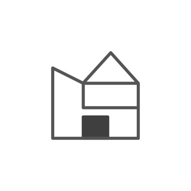 Modern mimari prensipleri geometrik şekliyle somutlaştıran biçimlendirilmiş bir evin minimal çizgi çizimi. Emlak ya da inşaat için basit bir ikonu temsil ederek, evi sembolize ediyor.,