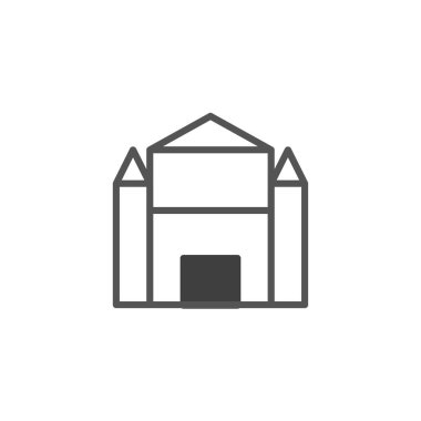 Minimalist bir taslak, simetrik bir bina cephesini tasvir eder. Tarihi öneme sahip bir yapıya benzeyen yapıda, her iki tarafta da temiz çizgiler ve üçgen elementler yer alıyor..