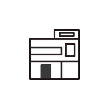Modern bir binanın basit, minimalist bir tasviri. Monokromatik tasarım binanın mimari yapısını ve geometrik şekillerini vurguluyor. Simge ya da grafik olarak kullanılabilir