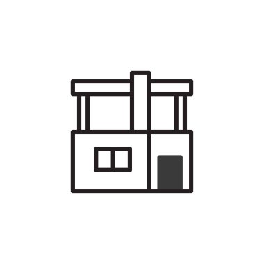 Basit bir mimari ikon, yapısal tasarıma minimalist bir yaklaşımı vurgulayarak, temiz çizgiler ve geometrik şekillere sahip modern bir bina cephesini tasvir eder. İllüstrasyon şunu vurgular: