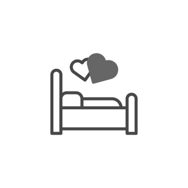 Minimalist illüstrasyon, üst üste binen iki kalbin altında bir yatak tasvir ediyor. Görüntü, rahatlık, sevgi, samimiyet ve dinlenmeyi çağrıştırıyor. Romantizmle ilgili kavramların resmedilmesi için uygun.,