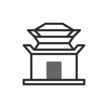 Basitleştirilmiş mimari elementlerle Asyalı esinlenilmiş bir pagoda tapınağının stilize edilmiş grafik tasviri. Temiz hatlar kültürel mirası aktaran yapılandırılmış bir form oluşturur. Uygun bir simge.