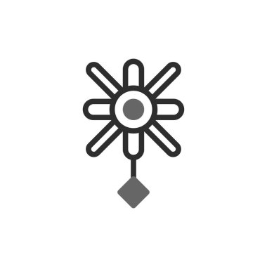 Bir asma süslemesinin stilize edilmiş grafik çizimi, aşağıda asılı duran geometrik şekilli merkezi bir çemberden yayılan elementler içeriyor. Tasarım minimalist bir estetik kullanıyor.