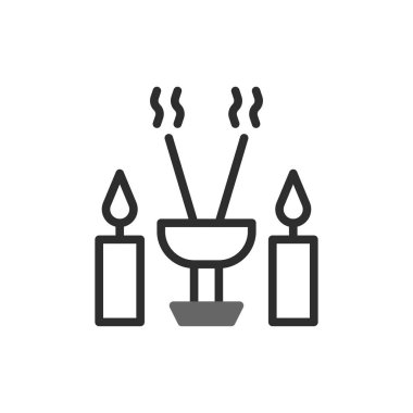 Minimalist bir illüstrasyon, yanan tütsü çubukları ve yanan mumları sergiliyor, dinginlik ve rahatlama çağrısı yapıyor. Bu görüntü meditasyon gibi bütünsel uygulamaların özünü yakalar.,