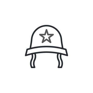 Yıldız amblemli askeri miğferin simgesi. Temiz, minimalist bir çizgi şeklinde yapılmış. Bu illüstrasyon, çeşitli amaçlar için uygun bir koruma, savunma ve hazırlık duygusu taşır.