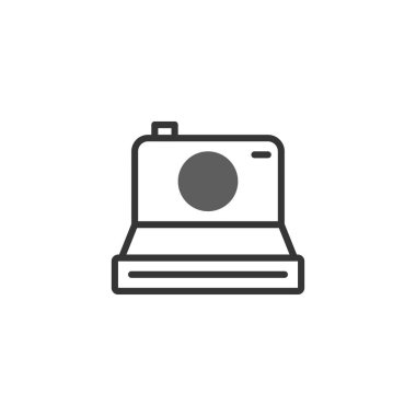 Görüntü minimalist bir kamera illüstrasyonu sergiliyor. Tasarım temiz ve basit, ana hatlarla dizayn edilmiş bir kamera simgesinden oluşuyor, fotoğrafçılık veya hafıza yakalama,