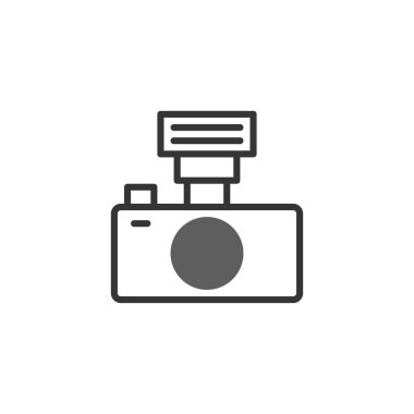Görüntü, fotoğraf ekipmanlarını temsil eden minimalist bir kamera ikonuna sahip. Bu illüstrasyon fotoğraf teknolojisiyle anıları yakalamanın özünü aktarır, tasarımlarda kullanmak için idealdir