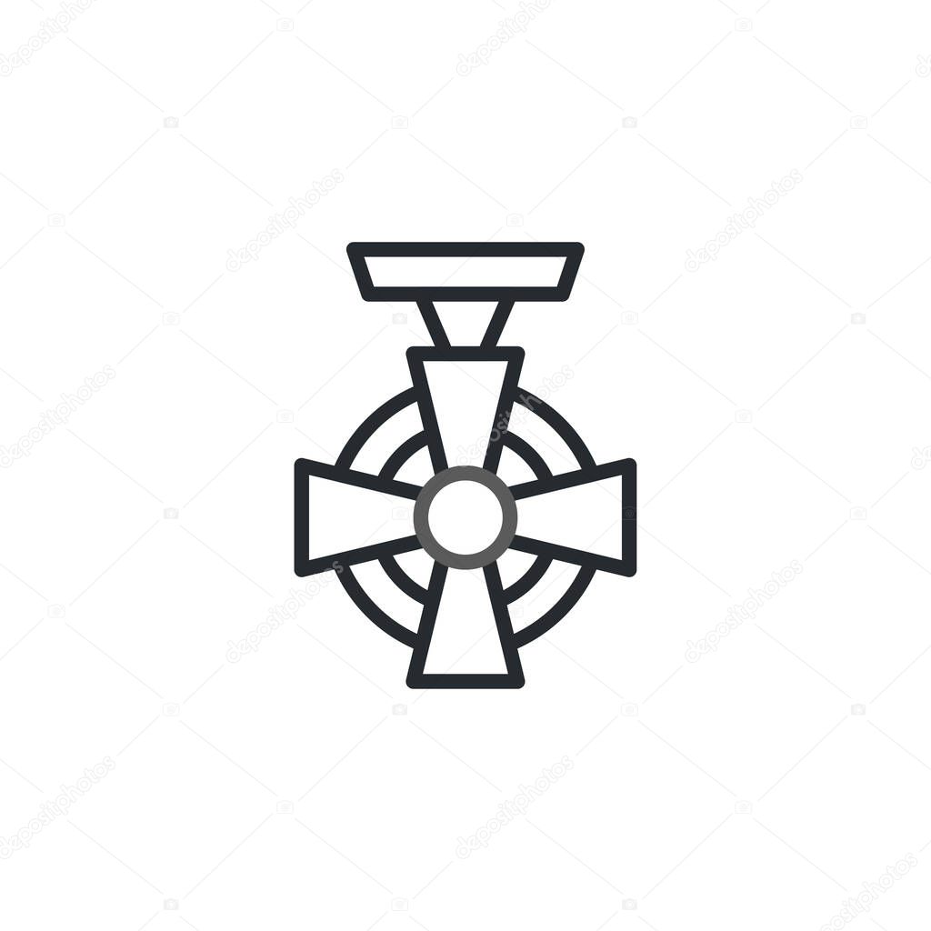 This minimalist line drawing depicts a symbolic award emblem, representing achievement, honor, and recognition. The simple design features a cross within a circle, suspended from a ribbon-like