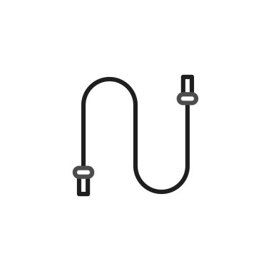 Basit bir çizgi çizimi, dijital ağ, veri iletimi ve ekipman bağlantılarının kavramlarını vurgulayan dolambaçlı bir kabloyu tasvir eder. Beyaz arkaplandaki siyah özet