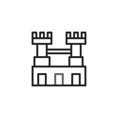 Merkezi geçidi olan bir duvarla birbirine bağlı iki kuleye sahip bir kalenin temiz ve modern bir çizimi. Bu tasarım, tarihin temalarını temsil eden bir simge veya sembol olarak kullanılmak için idealdir.,