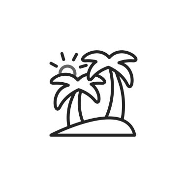 Parlak güneşin altındaki sakin bir tropikal adada palmiye ağaçlarını gösteren minimalist bir vektör grafiği. Barışçıl ve egzotik bir tatile davetiye. Bu çizim yazın özünü yansıtıyor.,