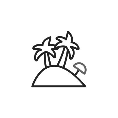 Tropik bir adanın minimalist tasvirinde palmiye ağaçları ve güneş şemsiyesi yer alır ve tatil, rahatlama ve kaçış hissi uyandırır. Temiz çizgiler ve sadeleştirilmiş formlar davetkar bir görüntü oluşturur.