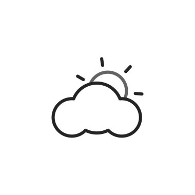 Minimalist bir vektör illüstrasyonu, kabarık bir bulutun arkasında kısmen gizlenmiş biçimlendirilmiş güneşi gösteren bir grafik hava ikonu sunar. Tasarım temiz, basit ve modern, evrensel bir teklif sunuyor.
