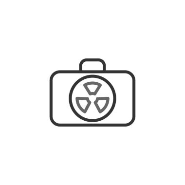 Radyasyon tehlikesi sembolüyle süslenmiş bir evrak çantasını gösteren minimalist bir illüstrasyon. Bu resim radyoaktif madde taşımacılığı, nükleer güvenlik protokolleri ve doğası gereği