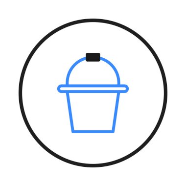 Bu minimalist illüstrasyonda çarpıcı bir siyah çemberin içine gizlenmiş parlak mavi bir kova ana hatları yer alıyor. Basit grafik araçların, ev işlerinin ve konteynırların bir resmini iletir,