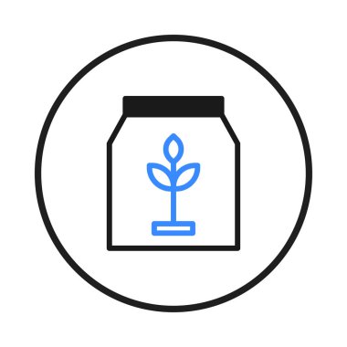 This illustration represents sustainable gardening, portraying a blue plant sprout inside a fertilizer bag. This visual emphasizes eco-friendly agriculture, organic growth, and cultivating botanical