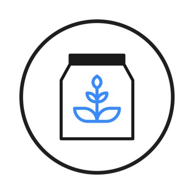 A minimal and eye-catching icon design representing gardening, agriculture and organic cultivation. The design showcases a stylized plant or sprout symbol within a bag, suggesting seeds or