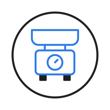 A stylized vector illustration depicts a weighing scale encased in a circular frame, symbolizing balance and measurement. The design uses a minimalist style with a focus on clean lines and a