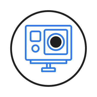This image shows a minimalist blue action camera icon centered within a black circular frame. Ideal for depicting video recording devices, photography tools, adventure equipment, or any content