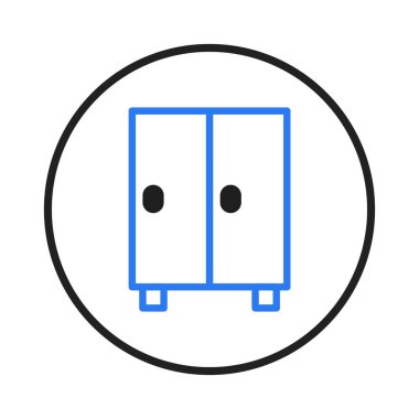 A minimalist icon of a blue wardrobe with clean lines is presented within a circle. This modern furniture icon signifies storage and organization for home interior or room and space, ideal for web