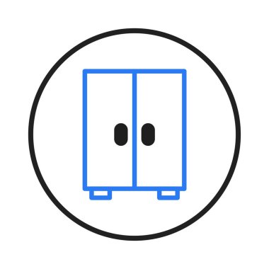 A minimalistic illustration showcases a blue and white cabinet icon, symbolizing organized storage solutions for modern living spaces, promoting the concept of a tidy and clean home environment and