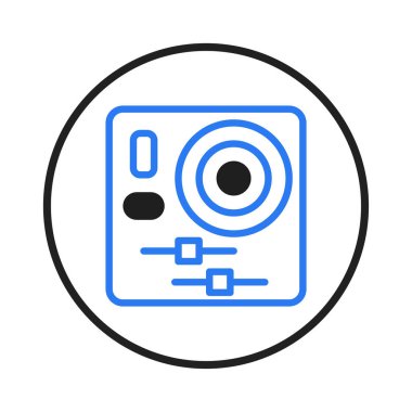 A modern vector illustration depicting a simplified digital sound mixer within a circular border. This design represents concepts of audio technology, music production, and digital control. The