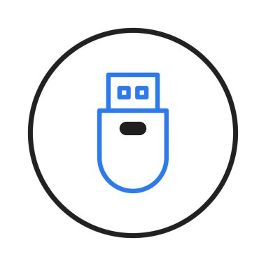 A simple, stylized blue usb drive icon is isolated on a white background, encapsulated within a bold black circle. The design represents portable data storage, technological connectivity, and the