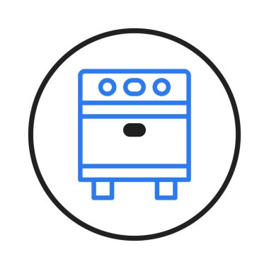 A minimalist blue icon representing a kitchen appliance, encased in a clean circular frame. This stylish graphic symbolizes a cooking device, combining simplicity with a modern aesthetic perfect for