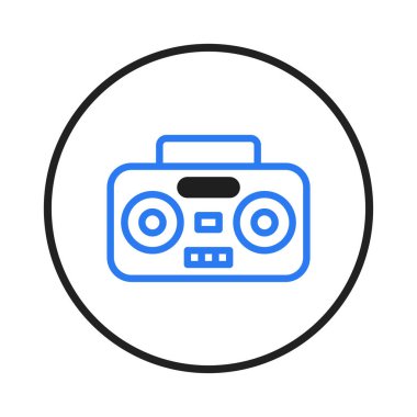 A clean, minimalistic graphic featuring a blue outlined portable stereo icon encased in a black circle. The design encapsulates vintage music vibes with a modern aesthetic appealing to themes of