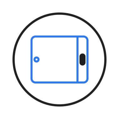 A minimalist illustration of a tablet device encapsulated within a circle. This artwork emphasizes clean lines and simple shapes, making it ideal for representing modern technology, digital