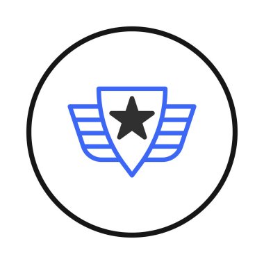 A modern graphic depicting a blue bordered shield containing a black star with stylized wings on either side, all encircled within a black frame. The emblem suggests themes of security, defense, or