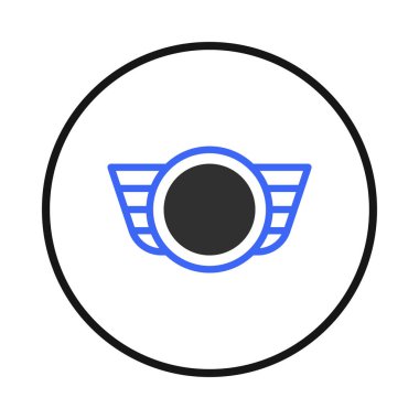 This image features an abstract symbol design, incorporating a central black circle flanked by stylized blue wing-like extensions. Encased within a circular frame, the design exudes a modern, clean