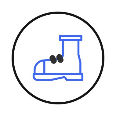 A clean and simple illustration depicts a blue outlined shoe icon, set against a pristine white backdrop, neatly framed by a bold black circle. This minimalist design is perfect for use as a visual