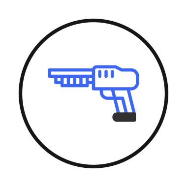 A stylized vector graphic of a futuristic weapon or gun design. It features a minimalist aesthetic, with bold blue and black outlines against a white backdrop, suitable for use as an icon, symbol or