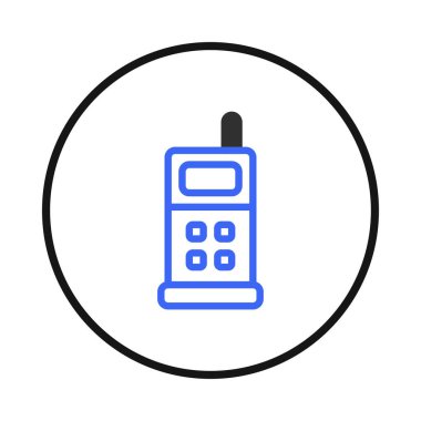 A modern digital illustration showcases a blue wireless telephone with a black antenna, set within a circular frame. The minimalistic design emphasizes contemporary technology, portable