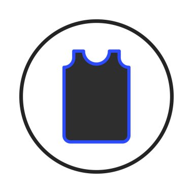 A clean, minimalist icon showcasing a black tank top with blue trim, centered within a white circle surrounded by a thin black outline, suggesting apparel representation, clothing options, or