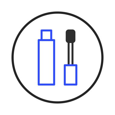 A striking cosmetic vector graphic showing a tube of mascara with its wand, rendered in a modern minimalist style using bold blue outlines against a white backdrop. Encapsulated in a crisp black