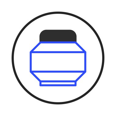 A minimalist depiction of a container, highlighted by a blue outline and topped with a black cap, all encircled within a black border, creating a visual representation of functional storage with a