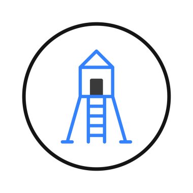 A minimalist line drawing of a coastal watchtower, presented in striking blue, encapsulated within a black-rimmed circle. The tower symbolizes lifeguard duty, beach safety, and constant vigilance