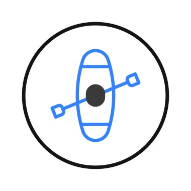 This minimalist graphic features a stylized canoe or kayak with a paddle, centered within a black circle. Evokes a sense of outdoor adventure, summer recreation, and connection with nature, suitable