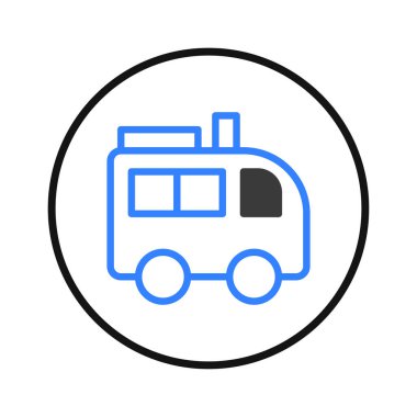 The image shows a stylized line drawing of a vehicle, possibly a van or small bus. The rounded design and blue color give it a friendly and approachable look, suggesting recreational travel or