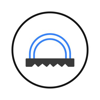 Conceptual image depicting a modern abstract structure with a serrated base connected to two blue arched lines. A striking visual in its geometric elegance, showcasing minimalist design principles