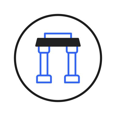 A minimalistic geometric graphic presenting a stylized portal. The design is formed by a blue and black outline structure evoking a gateway or archway with an emphasis on simplicity and contemporary