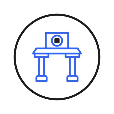 A striking geometric icon features a simplified structure rendered in blue lines against a white backdrop. Encased in a bold black circle, its clean design and precise lines evoke a sense of modern,