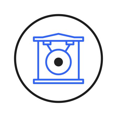A minimalist illustration showcases a stylized blue gong within a geometric frame and black circle, evoking eastern musical traditions. It serves as a visual symbol representing sound and rhythm